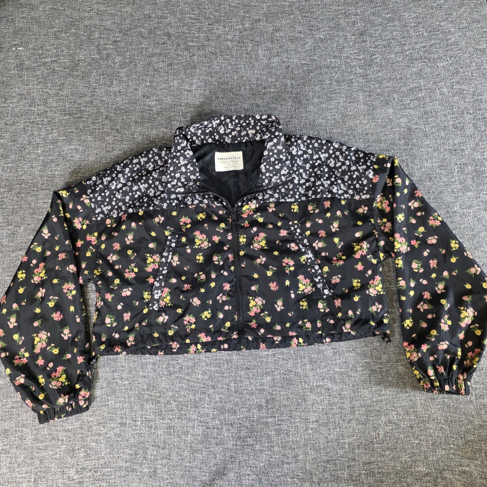 Aeropostale Womens Medium Black Floral Cropped Windbreaker Jacket LXAHVT22